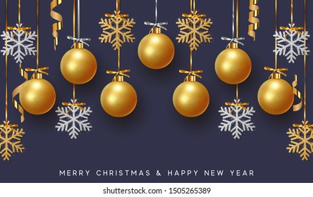 Background design of Xmas gold balls and bauble with golden glitter silver snowflake hanging on the ribbon. Festive decorative template. Merry Christmas and Happy New Year. vector illustration