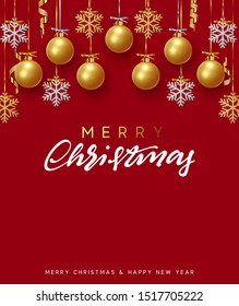 Background design of Xmas gold balls and bauble with golden glitter silver snowflake hanging on the ribbon. Festive decorative template. Merry Christmas and Happy New Year. vector illustration