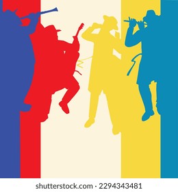 Background for designing an ad about a klezmer show, a Jewish orchestra of traditional musicians in Orthodox clothing.
Clarinet, flute, guitar and singer.
Colorful attractive vector.  svg