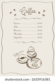Diseño de fondo, boceto, menú de doodle para cafetería, pastelería, Anuncio publicitario