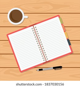 Background desk with a daily planner, a cup of coffee and a pen. Table for office or school, workspace, top view. Vector flat illustration