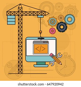 background with desktop computer apps for development of the construction vector illustration
