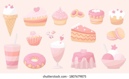 Background of desserts, cakes and sweets decorative icons set  isolated on pink background. Vector illustration