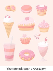 Background of desserts, goods doodle icon, cute cake, pie, sweet pudding,   isolated on pink background. Vector illustration