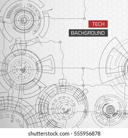 Background with detailed images of modern tech futuristic circles with lines and segments circuit with title text vector illustration