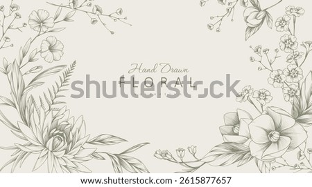 Background with detailed various flowers and foliage, intricate details and delicate forms. Hand drawn vector illustration with elegant botanical elements for invitation, save the date card