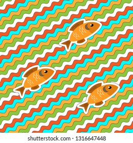Background with diagonally arranged color waves, on which three fishes swim. Vector illustration