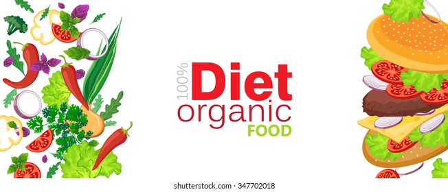 background diet with fresh vegetables and a hamburger