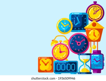 Background with different clocks. Stylized icons for design and applications.
