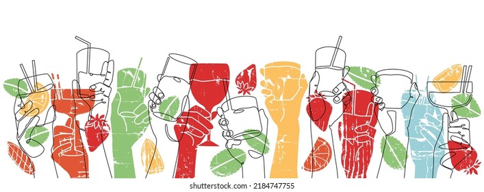 Background with different cocktail drinks. Horizontal Poster. Vector illustration.