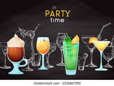 Background with different cocktails. Drawing chalk on a blackboard. Caption: it's party time. Place on your text. Vector illustration