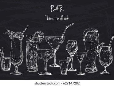 Background with different cocktails. Drawing chalk on a blackboard. Caption: bar, time to drink. Place on your text. Vector illustration of a sketch style.