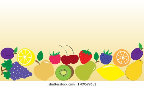 Background with different drawing fruits and berries, vector illustration