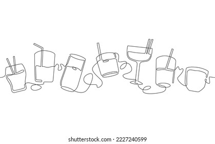 Background with different drinks. Seamless horizontal pattern. Vector illustration.