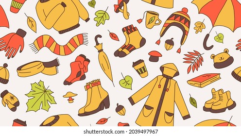 background with different elements symbolizing autumn, bright cartoon style, sticker icons set, vector illustration, seamless pattern.