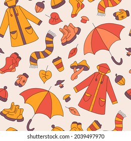 background with different elements symbolizing autumn, bright cartoon style, sticker icons set, vector illustration, seamless pattern.