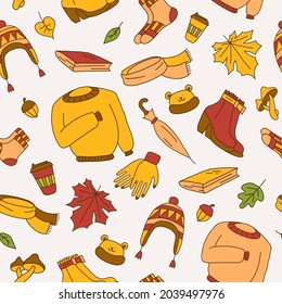 background with different elements symbolizing autumn, bright cartoon style, sticker icons set, vector illustration, seamless pattern.
