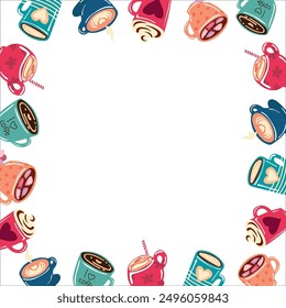 background with different flat colorful cups of coffee on the white background. vector flat wallpaper. simple digital illustration with different cups for backgrounds. illustration with a lot of cup