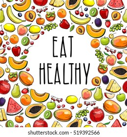 fondo con diferentes frutas y bayas, vectorial