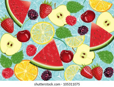 Background with different fruits and leaves of mint in ice cubes