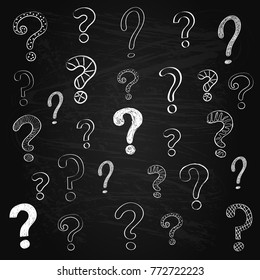 Background with different hand drawn question marks on blackboard. Vector.
