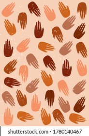 Background with different hands. Black Lives Matter protest concept. Hand drawn palms of hands isolated on beige background. Vector editable illustration.