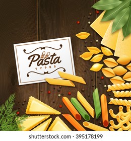 Background with different kinds of pasta with green and spices on wooden table vector illustration