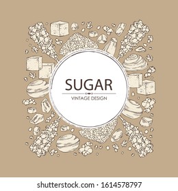 Background with different kinds of sugar: sugar sand, refined sugar, crystals. Vector hand drawn illustration.