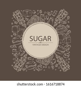 Background with different kinds of sugar: sugar sand, refined sugar, crystals. Vector hand drawn illustration.