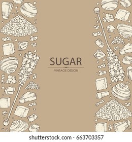 Background With Different Kinds Of Sugar: Sugar Sand, Refined Sugar, Crystals. Vector Hand Drawn Illustration