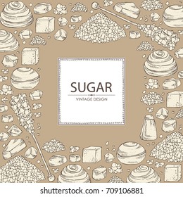 Background with different kinds of sugar: sugar sand, refined sugar, crystals. Vector hand drawn illustration.