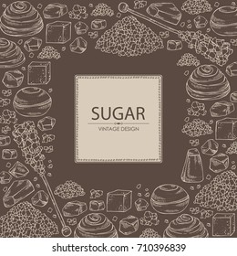 Background with different kinds of sugar: sugar sand, refined sugar, crystals. Vector hand drawn illustration.