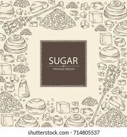 Background with different kinds of sugar: sugar sand, refined sugar, crystals. Vector hand drawn illustration.