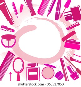 Background with different make-up items, blobs and copy space