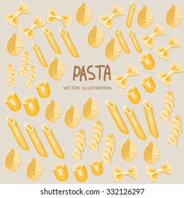 background with different pasta shapes on a gray background with the inscription pasta