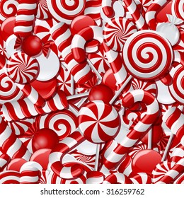 Background with different red and white candies. Seamless pattern. Vector illustration