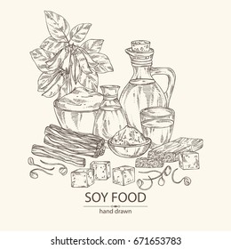 Background with different soy products: a bottle of soy sauce, flour, oil, a glass of soy milk, sprouted soybeans, tofu, miso,  tempe, fuzhou and soybean plant. Vector hand drawn illustration.