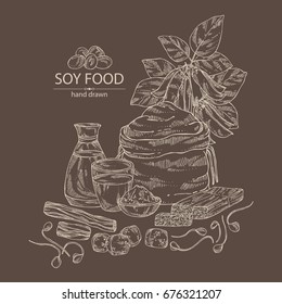Background with different soy products: a bottle of soy sauce, flour, a glass of milk, sprouted soybeans and soybean plant. Vector hand drawn illustration.