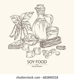 Background with different soy products: a bottle of oil, a glass of milk, tofu and soybean plant. Vector hand drawn illustration