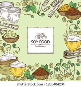 Background with different soy products: soy flour, a glass of milk, sprouted soybeans and miso. Vector hand drawn illustration.