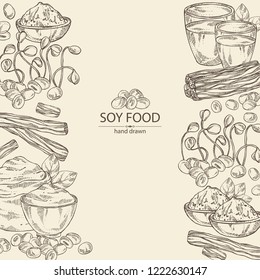 Background with different soy products: soy flour, a glass of milk, sprouted soybeans and miso. Vector hand drawn illustration.