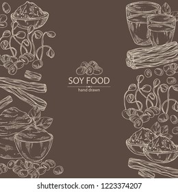 Background with different soy products: soy flour, a glass of milk, sprouted soybeans and miso. Vector hand drawn illustration.