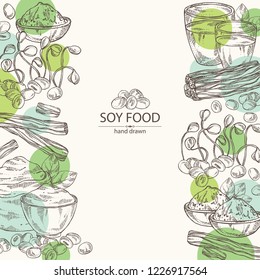 Background with different soy products: soy flour, a glass of milk, sprouted soybeans and miso. Vector hand drawn illustration.