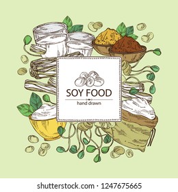 Background with different soy products: soy flour, a glass of milk, sprouted soybeans and miso. Vector hand drawn illustration.