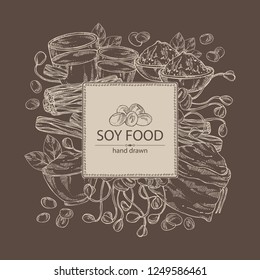 Background with different soy products: soy flour, a glass of milk, sprouted soybeans and miso. Vector hand drawn illustration.