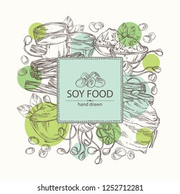 Background with different soy products: soy flour, a glass of milk, sprouted soybeans and miso. Vector hand drawn illustration.