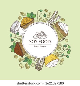 Background with different soy products: soy flour, a glass of milk, sprouted soybeans and miso. Vector hand drawn illustration.