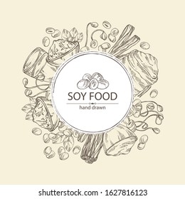 Background with different soy products: soy flour, a glass of milk, sprouted soybeans and miso. Vector hand drawn illustration.
