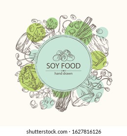 Background with different soy products: soy flour, a glass of milk, sprouted soybeans and miso. Vector hand drawn illustration.