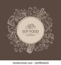 Background with different soy products: soy flour, a glass of milk, sprouted soybeans and miso. Vector hand drawn illustration.